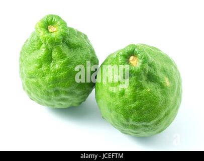 Vegetali e le erbe, due Combava per la stagionatura in cottura isolata su uno sfondo bianco. Foto Stock