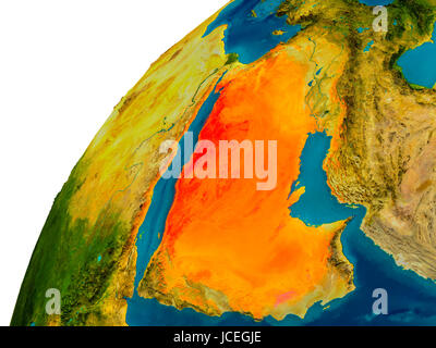 Arabia Saudita in rosso sul globo topografica. 3D illustrazione con dettagliate pianeta superficie. Gli elementi di questa immagine fornita dalla NASA. Foto Stock