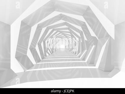 Abstract ipnotico cg con sfondo bianco tunnel di turbolenza prospettiva interna, 3d illustrazione Foto Stock