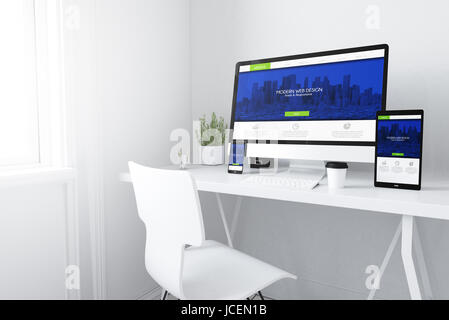 3D rendering dei dispositivi sul desktop. reattivo fresco e moderno sito web home su schermi. Foto Stock