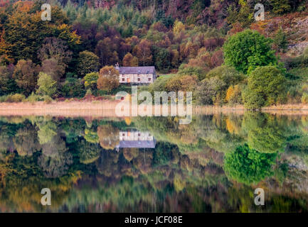 Riflessioni perfetta in Llyn Geirionydd, vicino Trefriw, Conwy County Borough, Snowdonia National Park, North Wales, Regno Unito Foto Stock