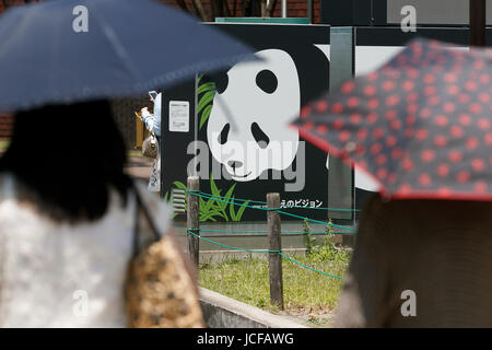 Il parco Ueno i visitatori a piedi passato un cartello per il panda gigante al di fuori dello Zoo di Ueno il 16 giugno 2017, Tokyo, Giappone. Ueno Zoo panda gigante Shin Shin ha dato i natali a un cub su Giugno 12, cinque anni dopo Shin Shin ha dato una nascita ad un cucciolo maschio che morì di polmonite sei giorni più tardi. Alcuni negozi e negozi intorno a Ueno esprimono auspici di congratulazioni da inviare messaggi fuori i loro edifici. Credito: Rodrigo Reyes Marin/AFLO/Alamy Live News Foto Stock