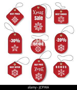 Rosso vacanze di Natale tags isolato su sfondo bianco. Xmas vendita di carta e bonus di raccolta tag illustrazione vettoriale Illustrazione Vettoriale