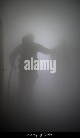 Fireman indossando apparecchi respiratori e portante un manicotto flessibile di entrare in una piena di fumo in camera una casa d'abitazione. Foto Stock