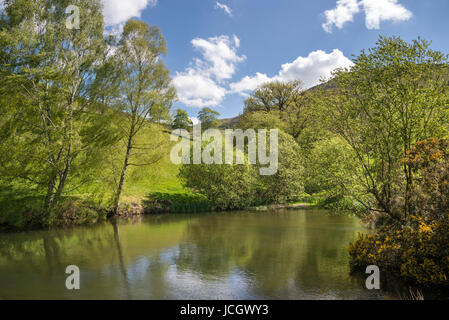 Piccolo lago sotto le colline di Moel Famau country park, il Galles del Nord. Foto Stock