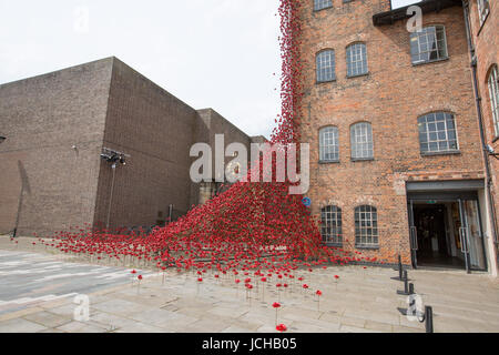 Derby. Inghilterra, 14th, giugno, 201 viste esterne del Derbyshire " Museo della seta che ha ospitato il Poppies: pianto Mostra finestra dall'artista Paolo Cummins e Foto Stock