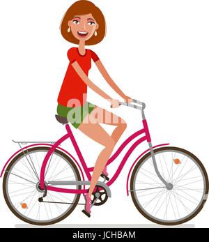 Giovane ragazza bella bicicletta equitazione. Sport e fitness, uno stile di vita attivo simbolo. Fumetto illustrazione vettoriale Illustrazione Vettoriale