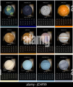 Unione 2015 anno calendario con settimana a partire da lunedì e il sistema solare pianeti Foto Stock