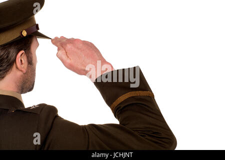 Officer dando saluto e omaggio, isolato su bianco Foto Stock