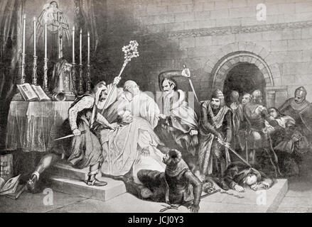 L assassinio di Thomas Becket nel 1170 dai quattro cavalieri Reginaldo FitzUrse, Hugh de Morville, William de Tracy e Richard le Breton. Thomas Becket, aka San Tommaso di Canterbury, Thomas di Londra e Thomas à Becket, c. 1119/1120 - 1170. Arcivescovo di Canterbury. Da Hutchinson nella storia delle nazioni, pubblicato 1915. Foto Stock