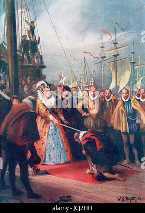 La regina Elizabeth I knighting Sir Francis Drake a bordo della Golden Hind a Deptford 4 Aprile, 1581. Elizabeth I,aka la Vergine Regina, Vincenzo o buona Regina Bess, 1533 - 1603. Regina di Inghilterra e Irlanda. Sir Francis Drake, vice ammiraglio, c. 1540 - 1596. Inglese Mare capitano, corsaro, navigator, slave e politico. Dopo la pittura di W.S. Bagdatopoulus(1888-1965). Da Hutchinson nella storia delle nazioni, pubblicato 1915. Foto Stock