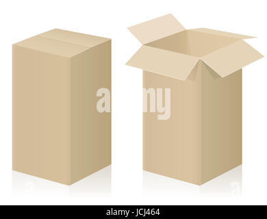 Big parcel - chiuso e aperto - marrone di cartone forti - isolato illustrazione vettoriale su sfondo bianco. Foto Stock