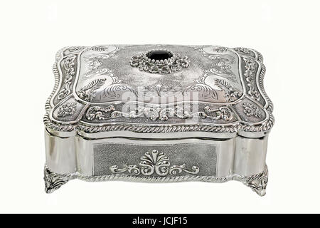 Rettangolare e Shiny Silver box con ornamenti Foto Stock