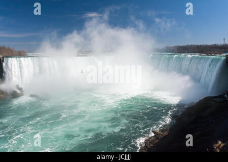 Come toni di acqua andare al di sopra del Niagara Falls a ferro di cavallo, un gabbiano Vola di fronte la risalita di nebbia. Foto Stock