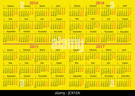 Al solito Calendario di Office per 2014 - 2017 anni sul giallo Foto Stock