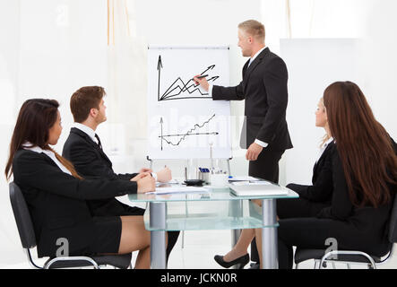 Imprenditore iscritto sulla lavagna a fogli mobili garantendo la presentazione ai colleghi in ufficio Foto Stock