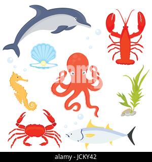 Pesci di mare e di raccolta degli animali. Creature del mare dolphin, aragosta, granchio, Sea Horse, tonno, conchiglia di mare e il polpo. Illustrazione Vettoriale
