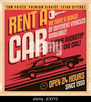 Rent a car Retrò design poster su carta vecchia texture. Trasporto vintage flyer design con auto classica vista laterale silhouette su sfondo rosso. Illustrazione Vettoriale