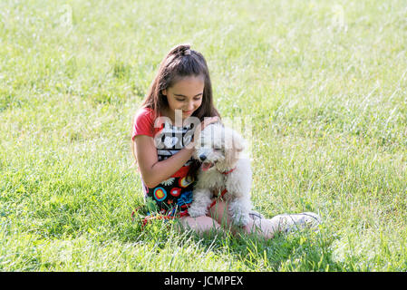 Amare giovane ragazza di accarezzare il suo animale domestico leccapiedi sulla testa come si siedono insieme in un campo erboso in estate sole Foto Stock