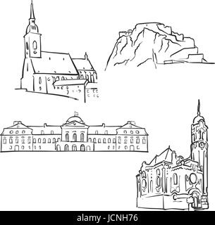 Bratislava, Slovacchia, edifici famosi, Monocromatico delineato i punti di riferimento di viaggio, scalabile illustrazione vettoriale Illustrazione Vettoriale