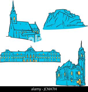 Bratislava, Slovacchia, colorato di punti di riferimento, Scalable Vector monumenti. Riempito con forma blu e giallo evidenzia. Illustrazione Vettoriale