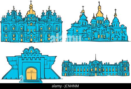 Kiev, Ucraina, punti colorati, Scalable Vector monumenti. Riempito con forma blu e giallo evidenzia. Illustrazione Vettoriale