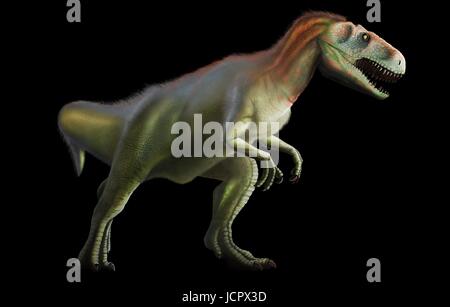 Megalosaurus è genere estinto il mangiar carne dinosauri,theropods,dal Medio giurassico in terra€™s storia,166 milioni di anni fa.It ha vissuto in quello che è oggi il sud dell'Inghilterra.Il primo fossile di dinosauro mai trovata,come molto tempo fa come 1676,era probabilmente un frammento osseo della coscia che apparteneva a Megalosaurus.Questo animale era di dimensioni medie theropod,6 a 7 m di lunghezza con un peso di circa una tonnellata.La comprensione moderna è che megalosaurus potrebbe essere stato coperto di peluria piume,particolarmente lungo il suo ventre indietro. Foto Stock