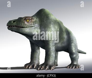 Megalosaurus è genere estinto il mangiar carne dinosauri,theropods,dal Medio giurassico in terra di storia,166 milioni di anni fa.It ha vissuto in quello che è oggi il sud dell'Inghilterra.Il primo fossile di dinosauro mai trovata,come molto tempo fa come 1676,era probabilmente un frammento osseo della coscia che apparteneva a Megalosaurus.Questo animale era di dimensioni medie theropod,6 a 7 m di lunghezza con un peso di circa una tonnellata.Questa illustrazione mostra animali come era stato originariamente immaginato di apparire,indietro nel diciannovesimo secolo.L'immagine si basa famose statue animale in London Crystal Palace Park.Sappiamo ora che ha camminato due gambe come altri theropods. Foto Stock