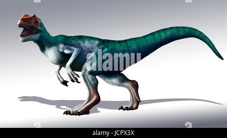 Allosaurus dinosauro, opere d'arte. Allosaurs erano grandi carnivori theropods che visse durante il tardo giurassico (150 a 155 milioni di anni fa in quello che oggi è il Nord America. Essi erano bipedi (a due gambe) predatori che media un'altezza di 8,5 metri. Essi sono stati l'apice predatori del loro tempo e sono stati indicati come il leone del Giurassico. Foto Stock