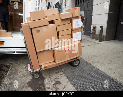 Mano il recapito in modalità push carrello caricato con scatola di cartone consegne New York City USA Foto Stock