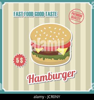 Vintage burger poster con prezzo di etichetta, uno stile rétro Illustrazione Vettoriale
