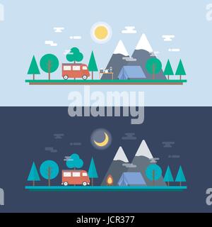 Di giorno e di notte del camp nella giungla, tocco della natura, attività di vacanza Illustrazione Vettoriale