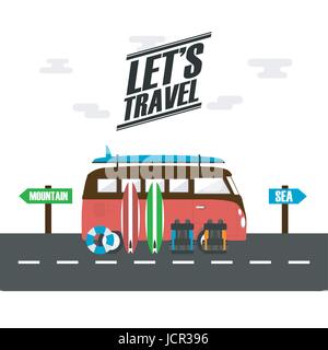 Van con tavola da surf in vacanza, andare al mare e montagna? Illustrazione Vettoriale