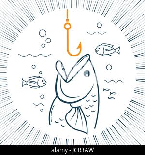 Concetto di pesca in forma di un amo da pesca e un pesce con una bocca aperta. Icona di stile lineare Illustrazione Vettoriale