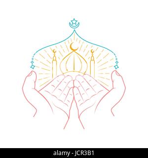 Icona di mani pregando namaz (Musulmane) Preghiera davanti della moschea. Icona di stile lineare Illustrazione Vettoriale