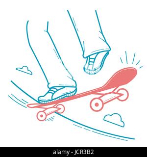 Icona guidatore di skateboard facendo un trick jumping, gambe in sella a una skateboard. Icona di stile lineare Illustrazione Vettoriale