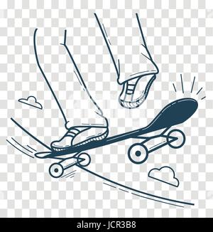 Icona guidatore di skateboard facendo un trick jumping, gambe in sella a una skateboard. Silhouette di icona di stile lineare Illustrazione Vettoriale