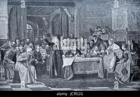 Christopher Columbus presso la corte del re Fernand e la Regina Isabel de Aragón Foto Stock