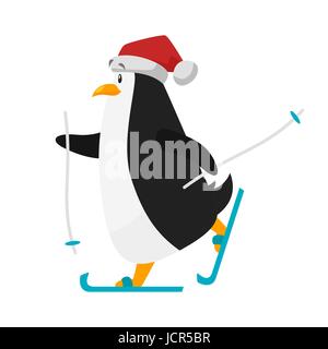 Vettore stile piatto illustrazione di sci pinguino in Santa hat. Isolato su sfondo bianco. Illustrazione Vettoriale