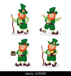 Set di vettore i capelli rossi Leprechauns per San Patrizio design giorno Illustrazione Vettoriale