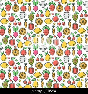 Vettore modello senza cuciture con gustosi eco sani frutti e verdure Illustrazione Vettoriale
