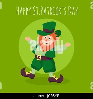 Felice di vettore St.Patrick's Day greeting card con felice Leprechaun su sfondo verde. Illustrazione Vettoriale