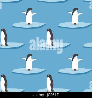 Vettore di Seamless pattern con i pinguini in piedi sul ghiacciaio stilizzato. Clima freddo. Illustrazione Vettoriale