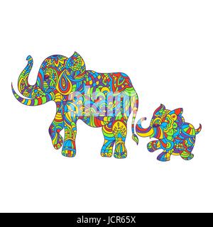 Vector colorati disegnati a mano zentagle illustrazione di un elefante e baby elephant. La colorazione di pagina con i dettagli di alto isolato su sfondo bianco. Boho Illustrazione Vettoriale