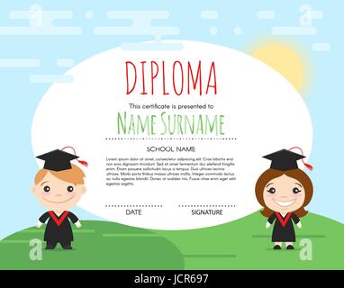 Vettore elementare di età prescolare bambini certificato di Diploma di background design modello. Diploma di scuola media superiore. Illustrazione Vettoriale