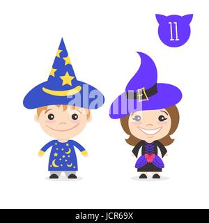 Illustrazione vettoriale delle due felice simpatici personaggi per bambini. Ragazzo mago in costume e una ragazza in costume strega. Illustrazione Vettoriale