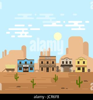 Illustrazione vettoriale di una vecchia cittadina occidentale in un giorno. Saloon, hotel e altri edifici dettagliate e oggetti. Wild West Desert sullo sfondo del paesaggio Illustrazione Vettoriale