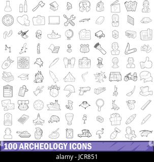 100 archeologia set di icone di stile di contorno Illustrazione Vettoriale