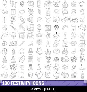 100 festa set di icone di stile di contorno Illustrazione Vettoriale