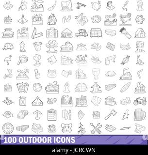 100 outdoor set di icone di stile di contorno Illustrazione Vettoriale